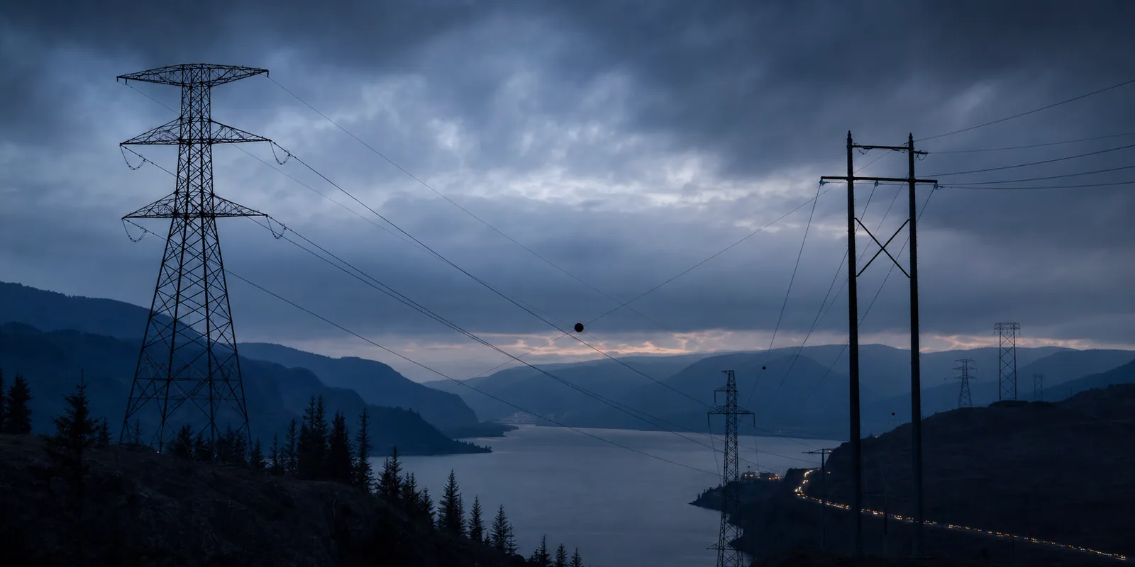 Transmission lines crossing a river valley at dusk