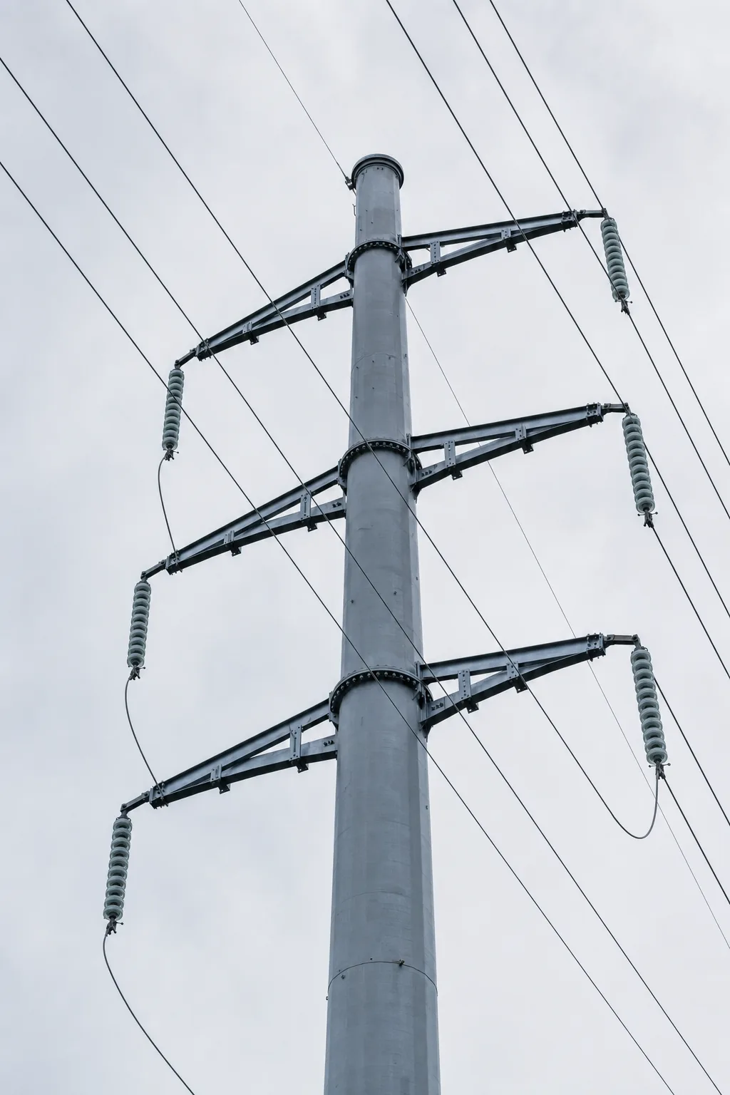 Steel monopole transmission structure with conductors and insulators